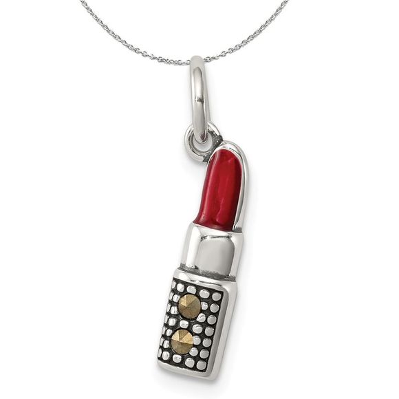 Silver Marcasite and Red Enamel Lipstick Charm Necklace - 20 In
